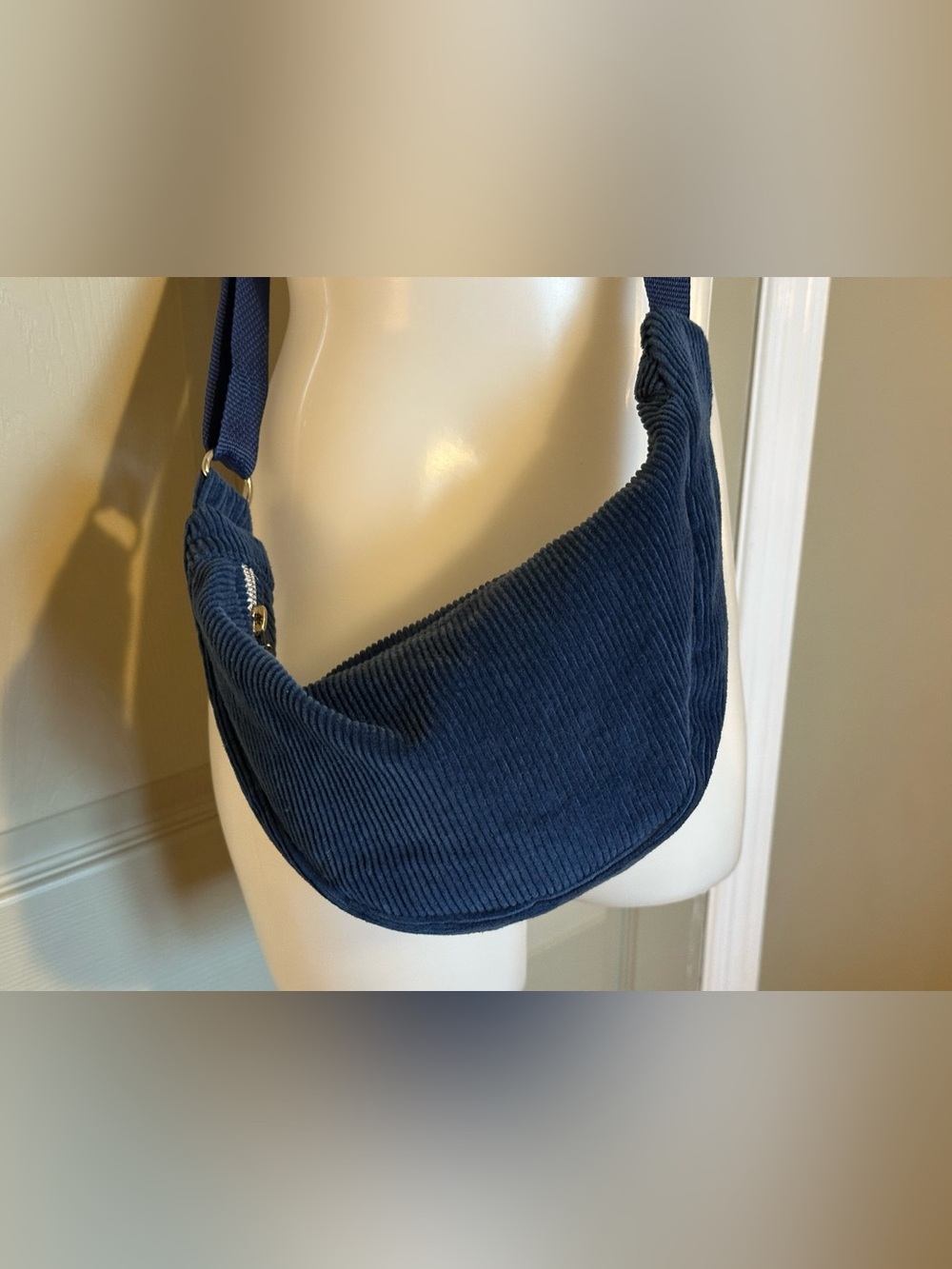 Handmade Blue Corduroy Crescent Sling Bag